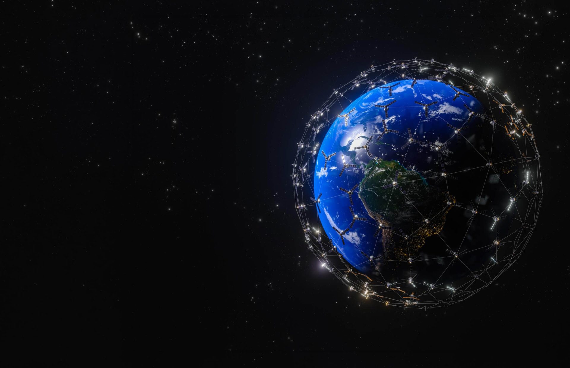 Earth surrounded by a web of satellites linked by thin lines, against a black starry sky