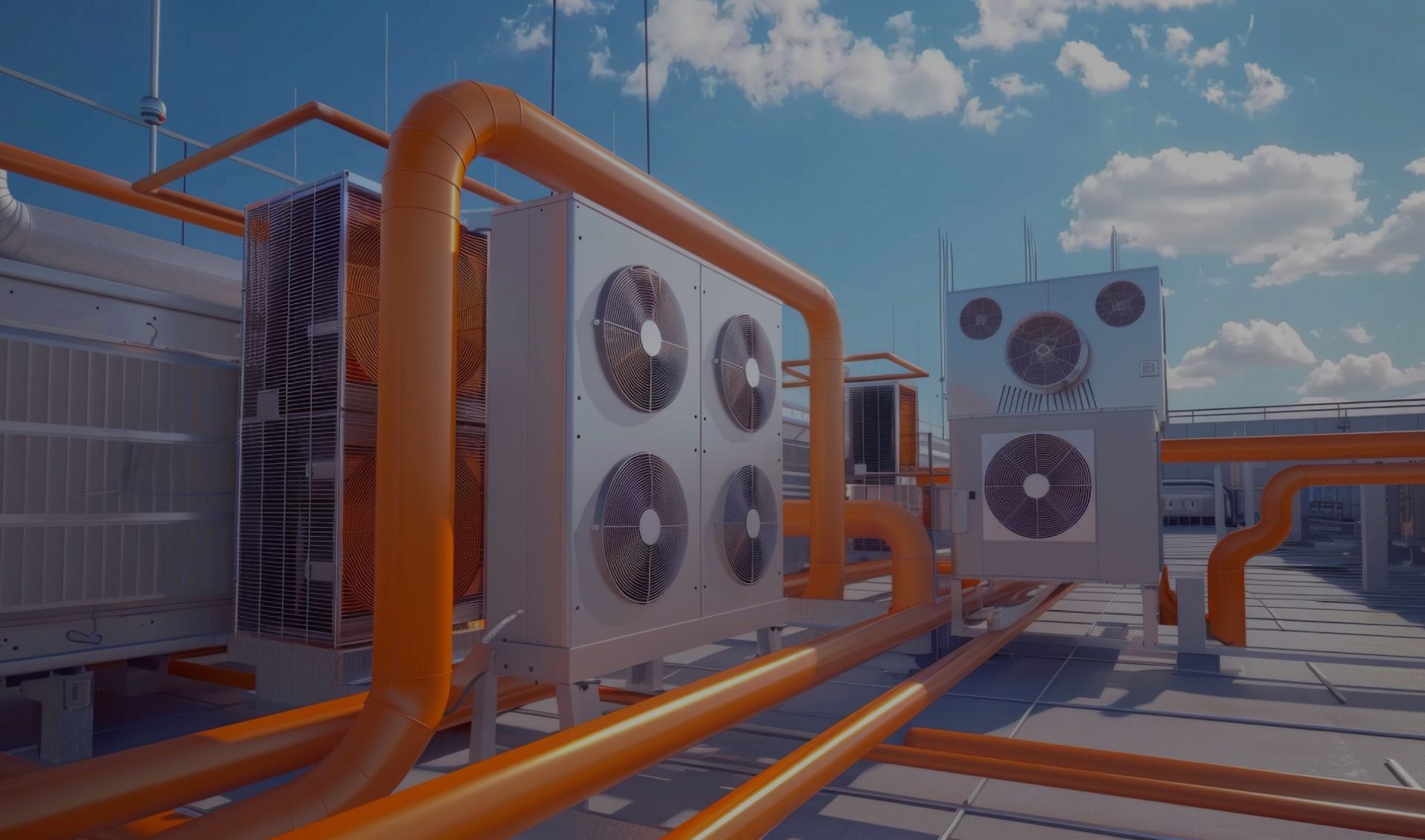 Rooftop air conditioning units with large fans connected by orange pipes under a blue sky with clouds
