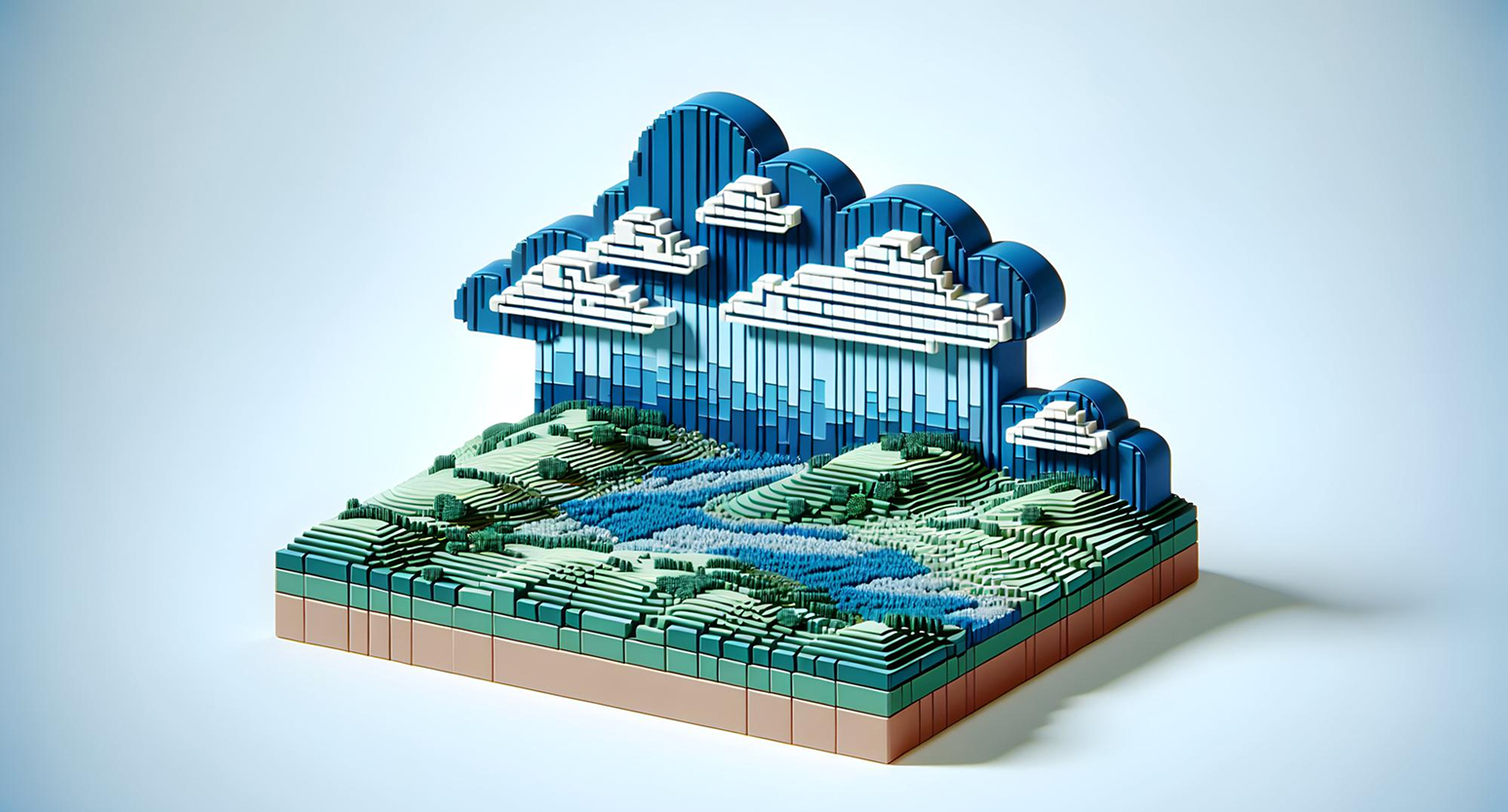 Pixel-style 3D landscape with green hills, a blue river, and a large blue cloud above, illustrating cloud ERP