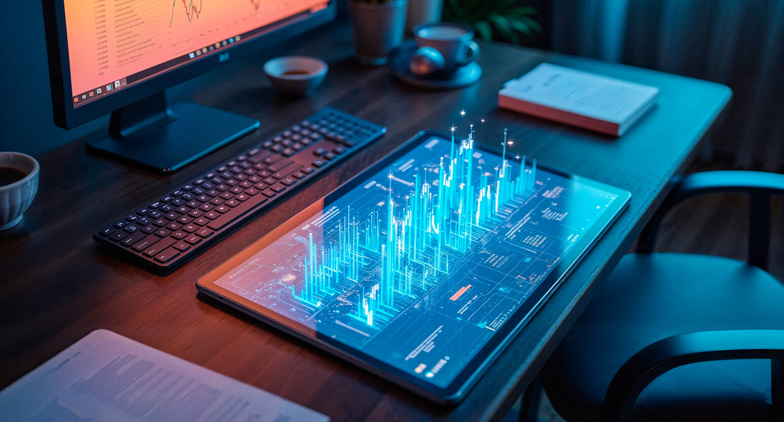 Tablet projecting a glowing 3D blue bar chart on a dark wooden desk with a keyboard and monitor