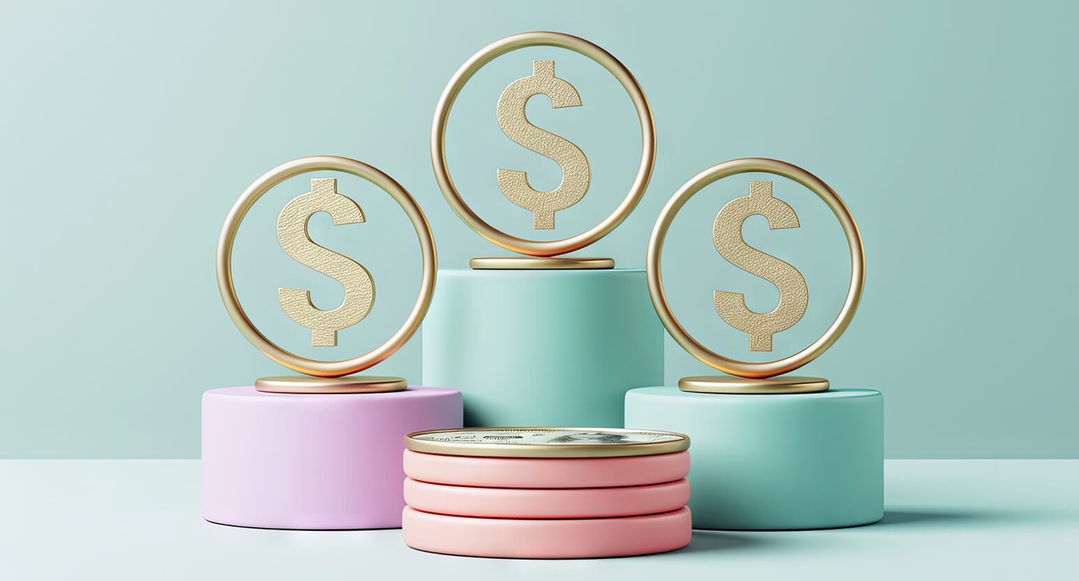 Three gold dollar-sign rings on pastel podiums above a stack of coins, representing pricing tiers