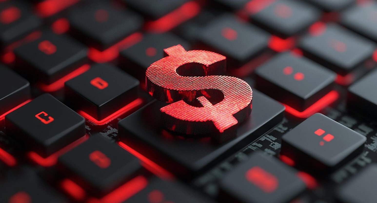 Glowing red 3D dollar sign resting on a black keyboard key, surrounded by red-backlit keys, representing digital finance or online payments.