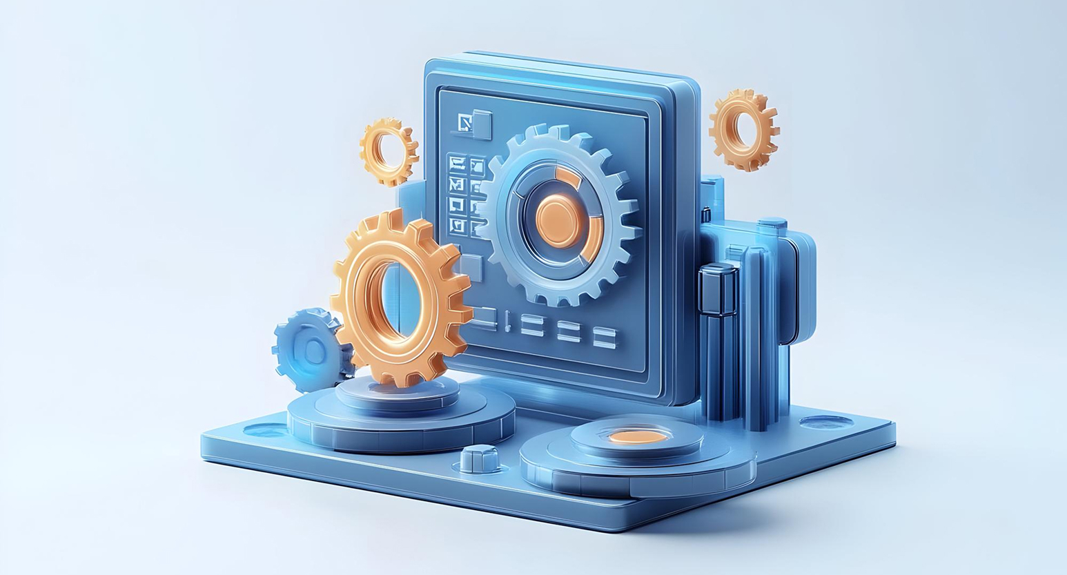 3D illustration of blue and orange gears around a control panel, representing system configuration and automation