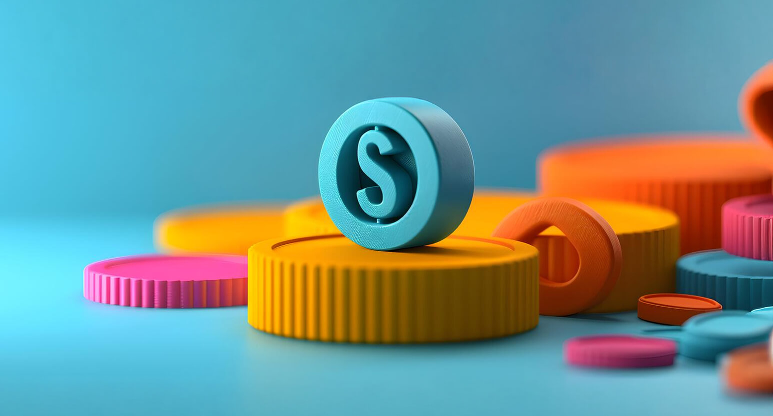 3D illustration of a blue dollar-sign coin on stacks of orange, yellow, and pink coins, representing pricing