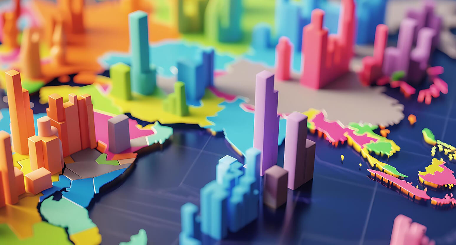 Colorful 3D map with bar-chart columns of different heights rising from regions, illustrating geographic data comparisons.