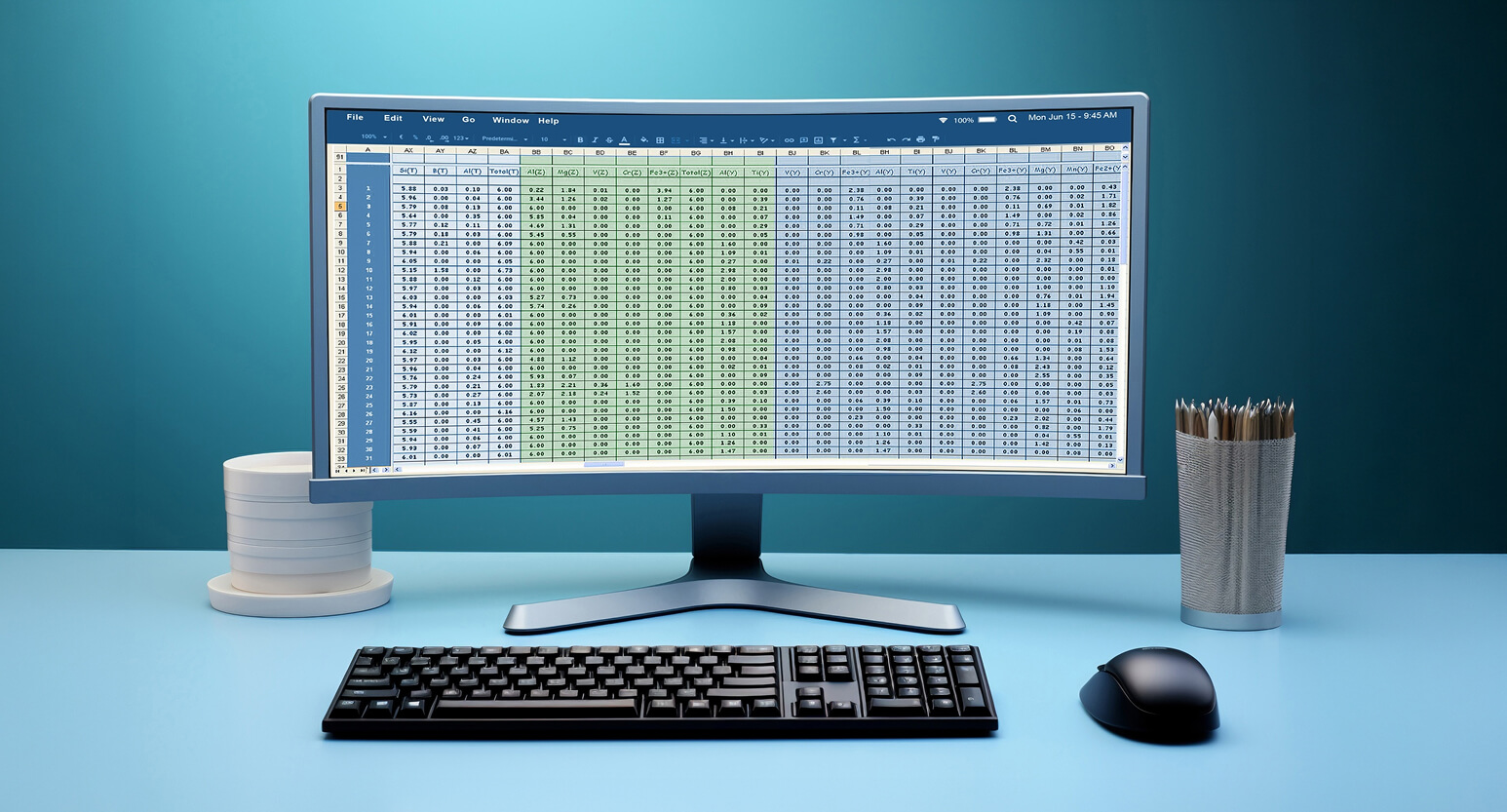 Curved monitor showing a large spreadsheet of numbers on a blue desk with a keyboard and mouse