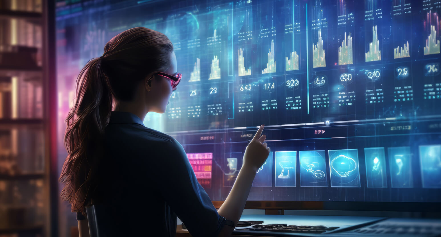 Woman with glasses pointing at a large holographic dashboard with charts and data panels