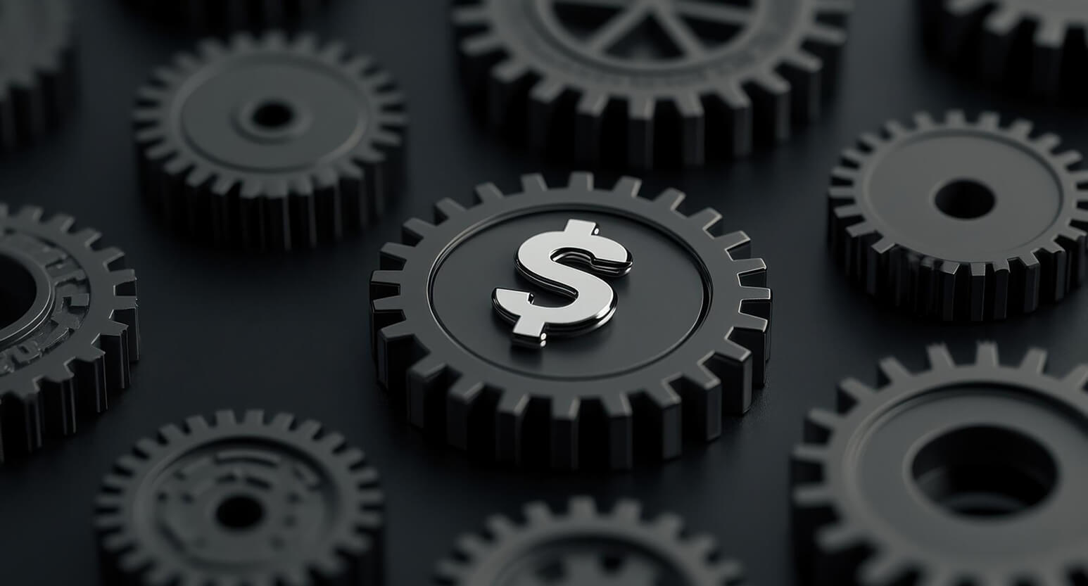 Black gear with a silver dollar sign at its center, surrounded by dark gears, representing financial operations or the mechanics of money.