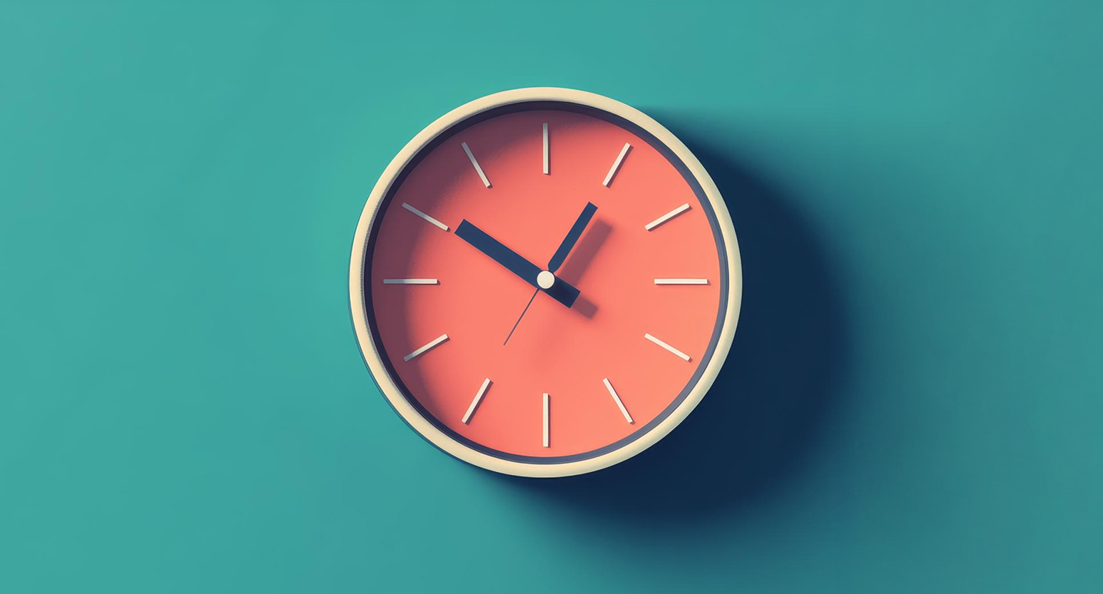 Coral wall clock with navy hands on a teal background, illustrating timing and deadlines