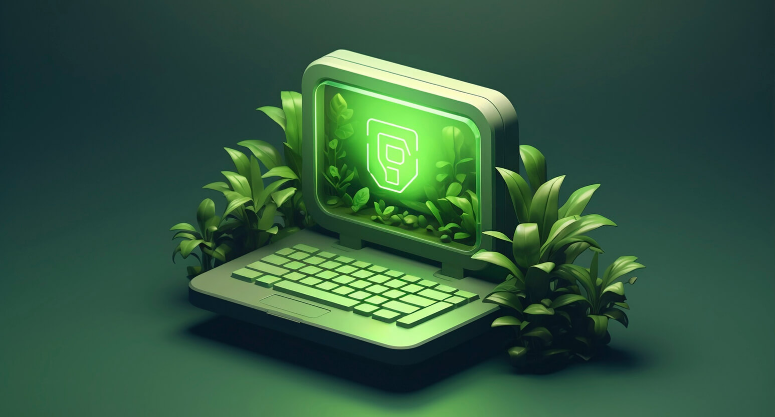 3D illustration of a glowing green laptop surrounded by plants, representing a system that grows