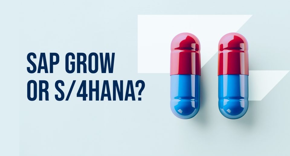 Red and blue capsules next to the text “SAP GROW or S/4HANA?”, illustrating a choice between two paths