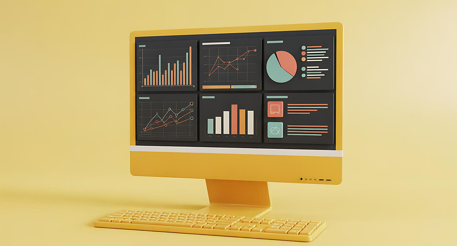 3D illustration of a yellow computer with a dashboard of bar, line, and pie charts, representing business reporting